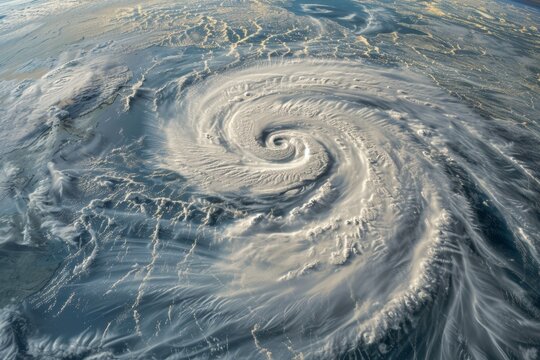 Spiral storm cloud formation over ocean captured from orbital perspective