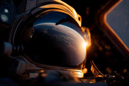 Astronaut helmet reflecting Earth horizon during sunrise aboard spacecraft