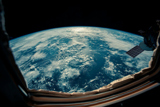 Orbital view of Earth through spacecraft window with satellite in frame