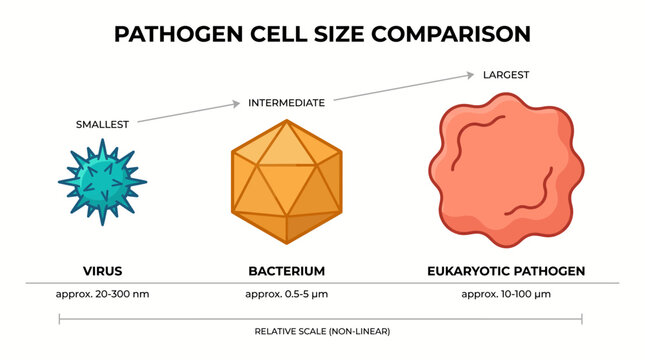Microscopic view comparing sizes of virus, bacterium, and eukaryotic pathogen cells.