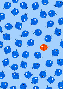 Unique orange cartoon fish swimming against blue fish group