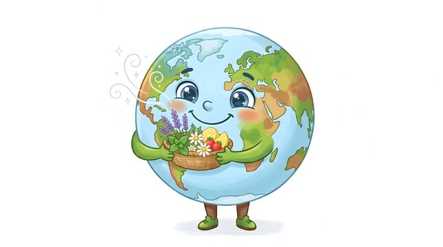 Cute planet Earth character learning about the sense of smell through flowers, fruits and natural scents.