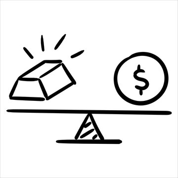 Hand drawn gold bar and dollar coin on a balance scale, symbolizing financial value and investment.