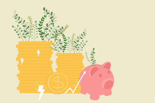 Stack of coins near piggy bank and plants