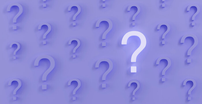 One highlighted white question mark among many purple symbols
