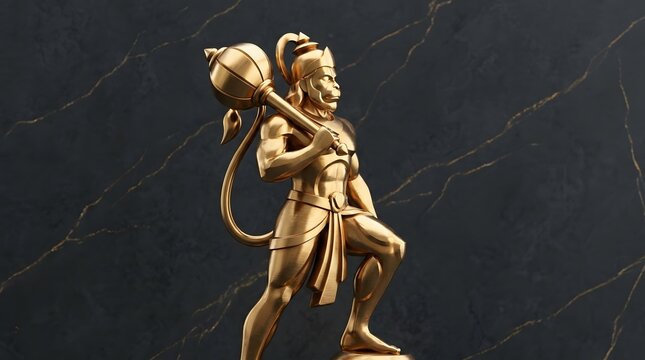 Golden Hanuman statue with mace on marble background