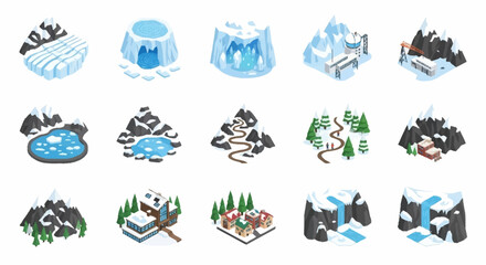 Collection of isometric winter landscape elements and icons for game design. © Nora