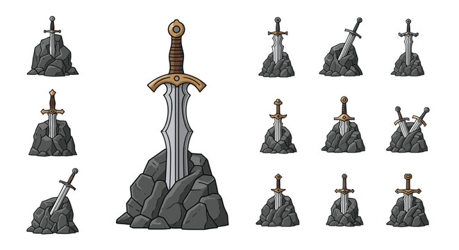 Various designs of mythical or medieval swords stuck in stone rocks inspired by the legendary tale of king arthur and excalibur.