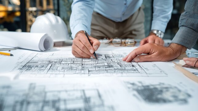 Professionals reviewing technical sketches and a home model during a business meeting. Concept of property investment, mortgage planning, and future home construction.