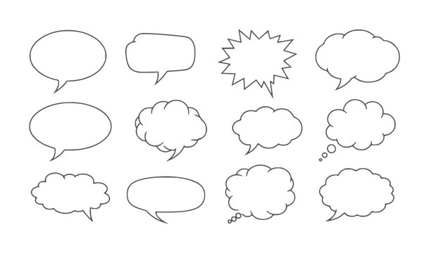 Collection of twelve diverse comic speech bubble outlines white talk thought