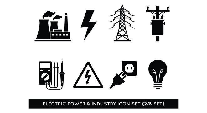 Electrical Power And Safety Icons Flat Vector Silhouette Collection