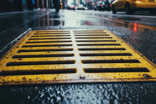 Close up of yellow metal drain cover on wet city street. Asphalt reflects car lights. Rain water pools on urban ground after shower. Grate detail.