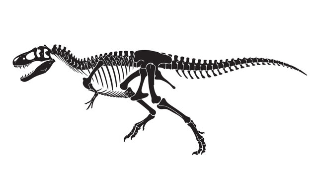 Dinosaur skeleton vector illustration, black silhouette of prehistoric theropod fossil, predatory reptile anatomy for museum and education