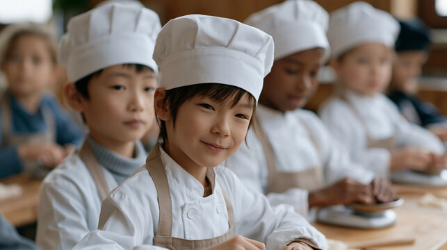 Children in chef hats seated at individual prep stations weighing ingredients on small kitchen scales, kids cooking class precision activity, fall enrollment after-school program,