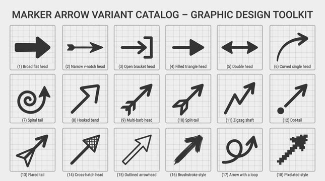 Graphic design toolkit catalog showcases various marker arrow styles and symbols.