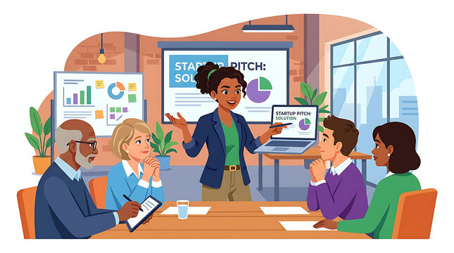 Business woman giving a startup pitch presentation to a diverse team group