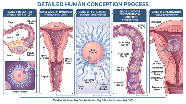 Detailed human conception process timeline infographic with ovulation uterus fertilization embryo implantation panels for reproductive health education classroom poster clean vector