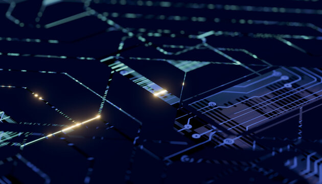 Futuristic blue circuit board rendering with glowing data network