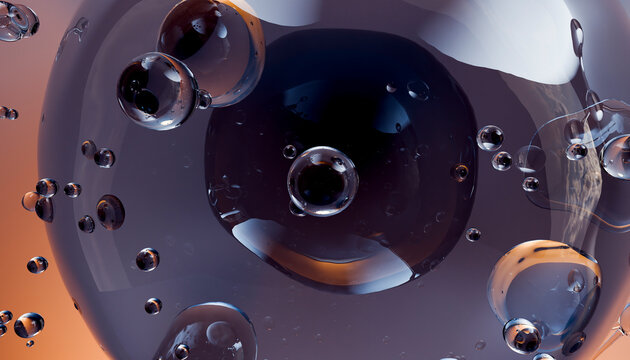 Abstract 3D render of transparent liquid bubbles and molecules