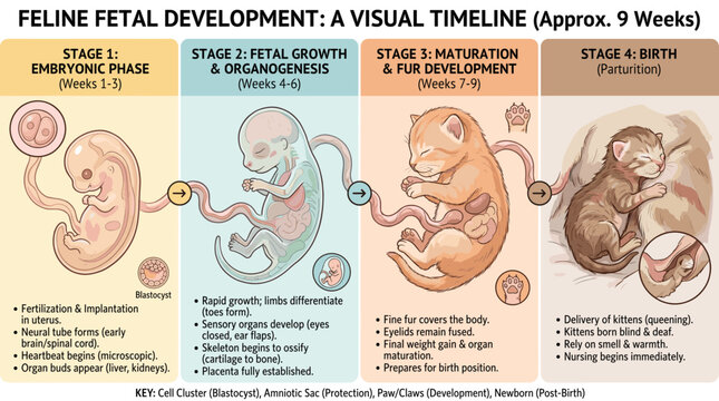 Feline fetal development visual timeline infographic with kitten embryo growth stages by week pregnancy milestones veterinary breeding education poster for cat care clean vector artwork
