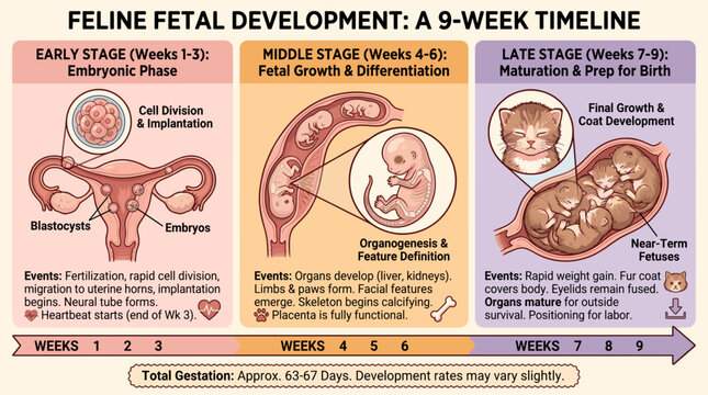Feline fetal development timeline infographic with kitten embryo growth stages by week pregnancy milestones veterinary breeding education poster for cat care planning clean vector artwork