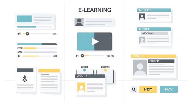 E-learning platform interface with various course modules and video player on a white background screen