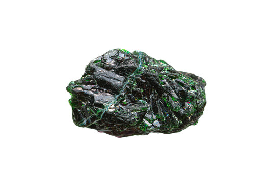 Closeup natural rough pargasite gemstone on white background (amphibole group)