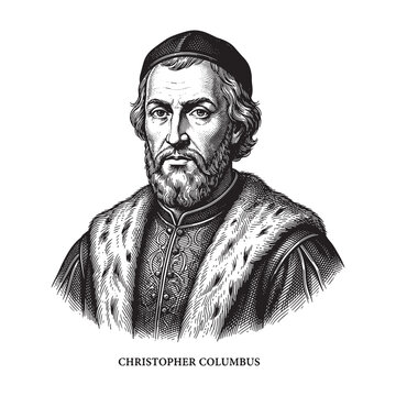 Christopher Columbus Portrait Sketch, Classic Vintage Navigator Woodcut Art