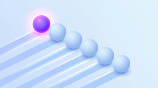 Glowing purple ball leads a line of blue balls rolling downhill quickly in a futuristic scene.