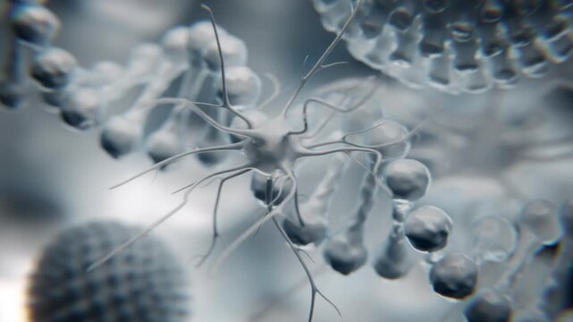 DNA is destroyed by viruses. 3D motion graphic of a nerve cell with biological DNA background, illustrating neuroscience, genetics, neural communication, medical research, and biotechnology concepts.