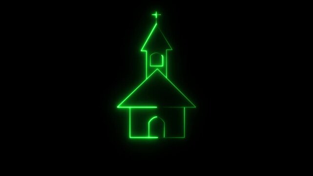 Glowing Neon Church Icon Animation green Cross and Gothic Architecture Elements on Black Background | 4K Video