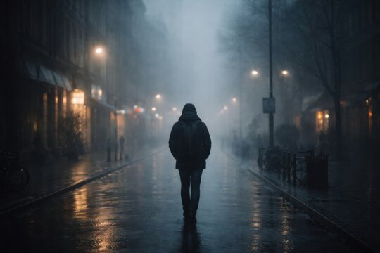 A solitary figure walks down a dimly lit, wet street at night, surrounded by fog and muted urban lights.