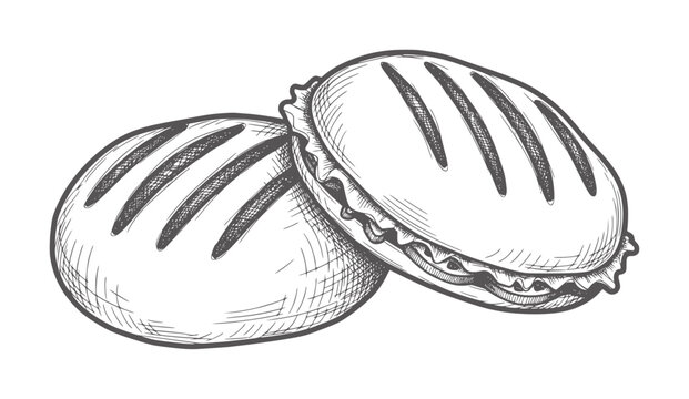 Two hand drawn grilled sandwiches with dark lines white food bread black