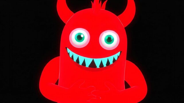 Playful red devil monster with sharp teeth and horns, smiling mischievously on an isolated black background.