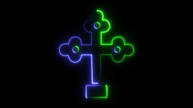 Glowing neon line Christian cross green and bule icon isolated on black background. Church cross. 4K Video motion graphic animation