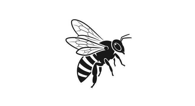 Black and white vector illustration of a honey bee in flight with detailed wings and striped body.