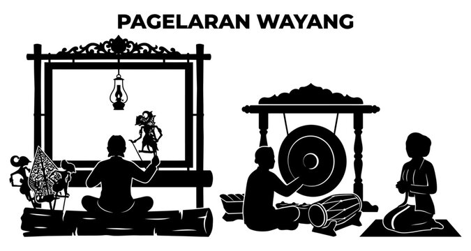 Traditional Javanese shadow puppet performance during a cultural event with gamelan music in silhouette style
