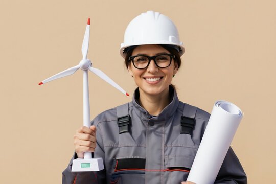 Woman engineer holds wind turbine model and blueprints. She wears hard hat and safety glasses. Planning renewable energy projects for green power generation sector.