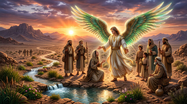 Archangel Raphael appearing to travelers in a desert oasis at sunset, divine healing