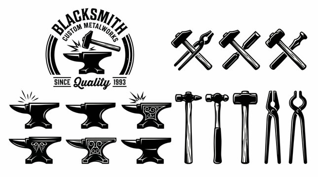 Blacksmith Tools Icon Set Representing Metalwork, Craftsmanship, and Forging Tradition in Vintage Black‑and‑White Vector Illustration Style