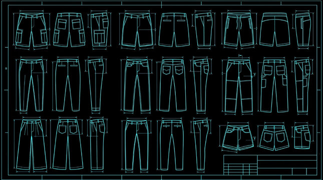 Detailed Shorts and Pants CAD Fashion Collection &ndash; 2D Apparel Design Set with Multiple Styles, Technical Flat Sketches Multi-View Vector Blueprint on Black Background with Cyan Outline