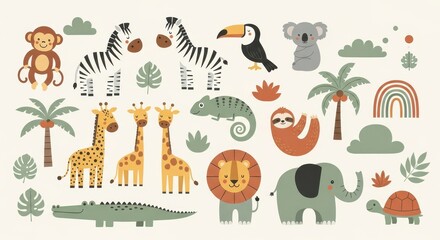 Fototapeta premium Cute Safari and Jungle Animal Collection with Lion Elephant Giraffe Zebra and Tropical Leaves for Kids Nursery Decor