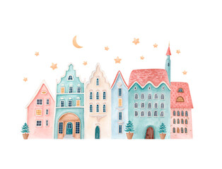 Fototapeta premium Watercolor fairytale Christmas houses with moon and stars. Hand drawn isolated holiday illustration of winter fantasy town in pastel tones for greeting cards, packaging, invitations, festive branding
