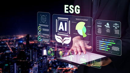 Obraz premium Business Professional Analyzing ESG Data with Digital AI Interface in Urban Nightscape Quark.