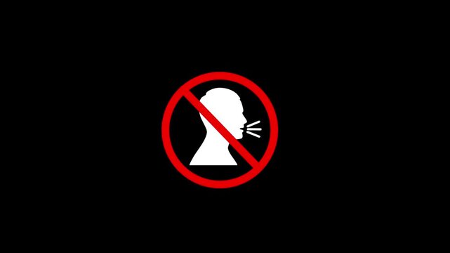 Animated No Talking Sign, Silence Zone Warning Icon with Red Circle and Slash. No Talking Allowed Sign Animation, Person Silhouette with Sound Waves and Red Prohibition Symbol.