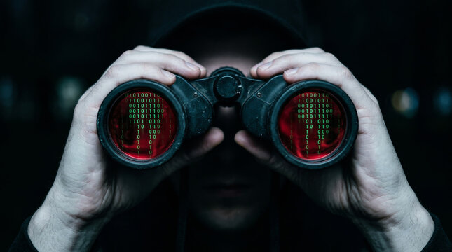Cybersecurity hacker using binoculars with digital code reflection, mysterious man spying with binary data overlay, data breach and surveillance concept