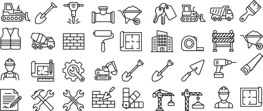 Construction Equipment and Tools Bold Outline Icon Set for Building