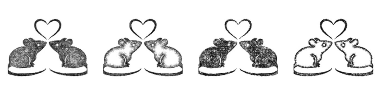 Black and white sketch mouse love logo design set