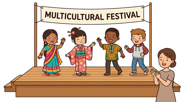 Diverse group of children waving on stage at a multicultural school event