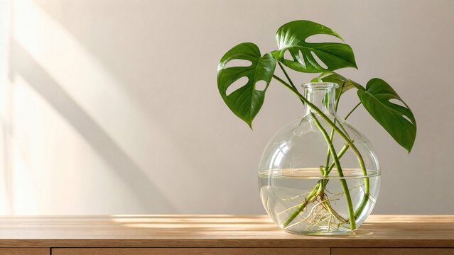 Round glass carboy with plant cutting, water propagation decor.